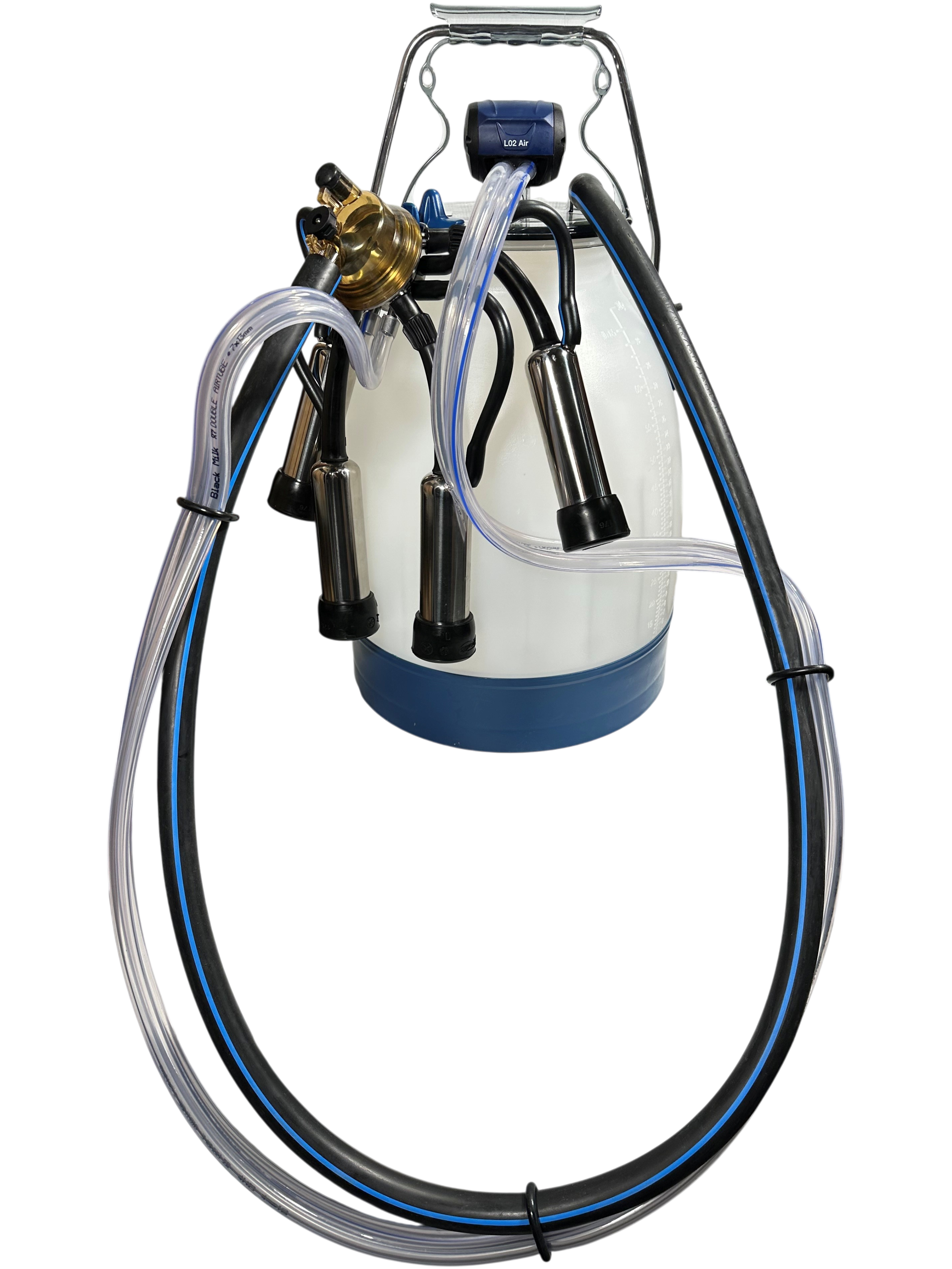 Eimermelkanlage ECO komplett, mit 30 Liter ECO Melkeimer blau, Libero Deckel, Edelstahl Sammelstück HCC 150, ITP L02 Pulsator 60/40, Zitzengummibecher und Monoblock Zitzengummis, Gummi-Milchschläuche und PVC-Doppel-Pulsschlauch passend DeLaval