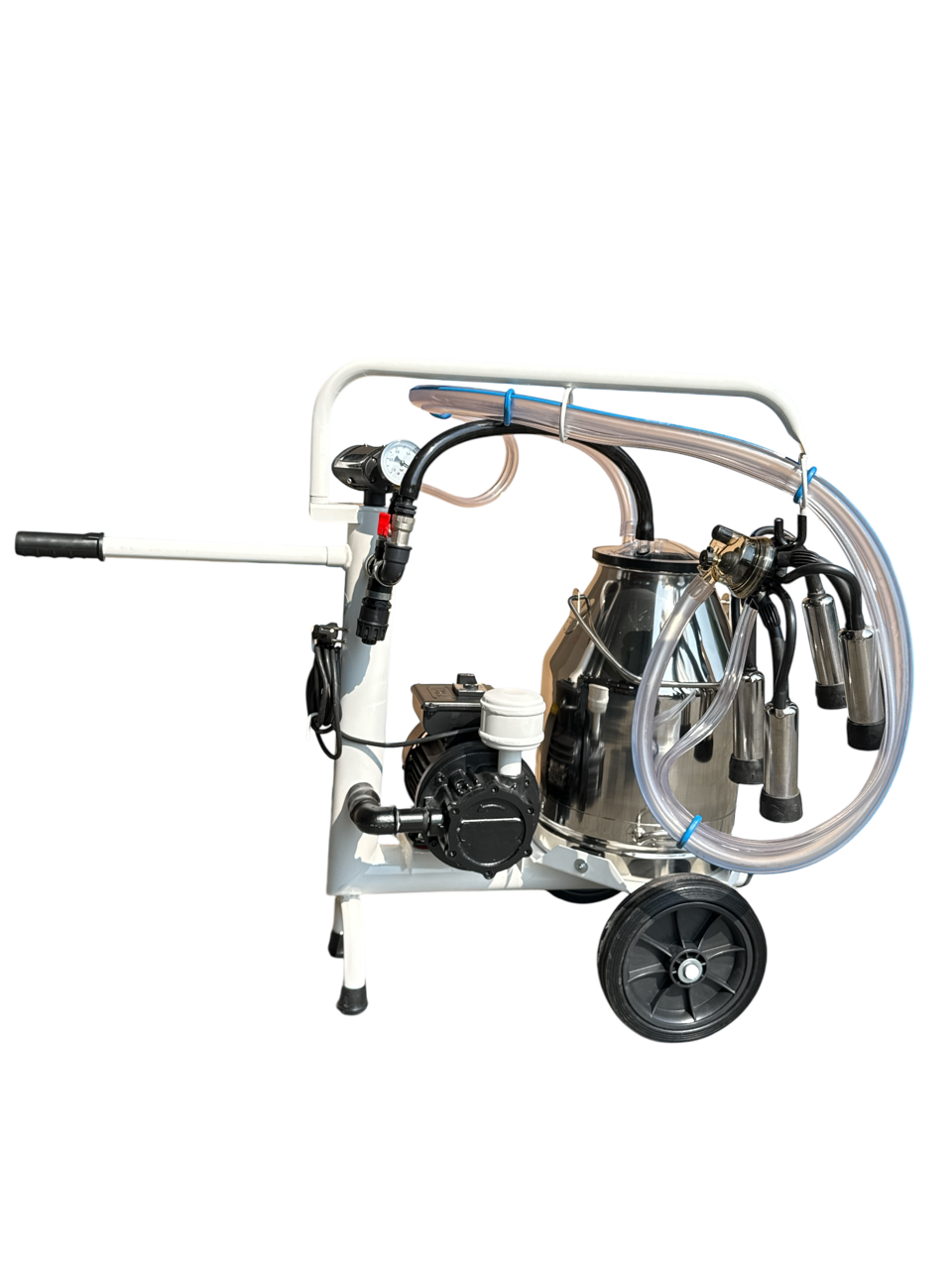 Minimilker für Kühe ohne Vakuumtank mit 230 V Vakuumpumpe 200 L/min, Black Milk Pulsator 60:40, Vakuumuhr, 30 Liter Edelstahl Eimer mit Deckel, mit kompl. HCC150 Melkzeug und PVC- Schläuchen