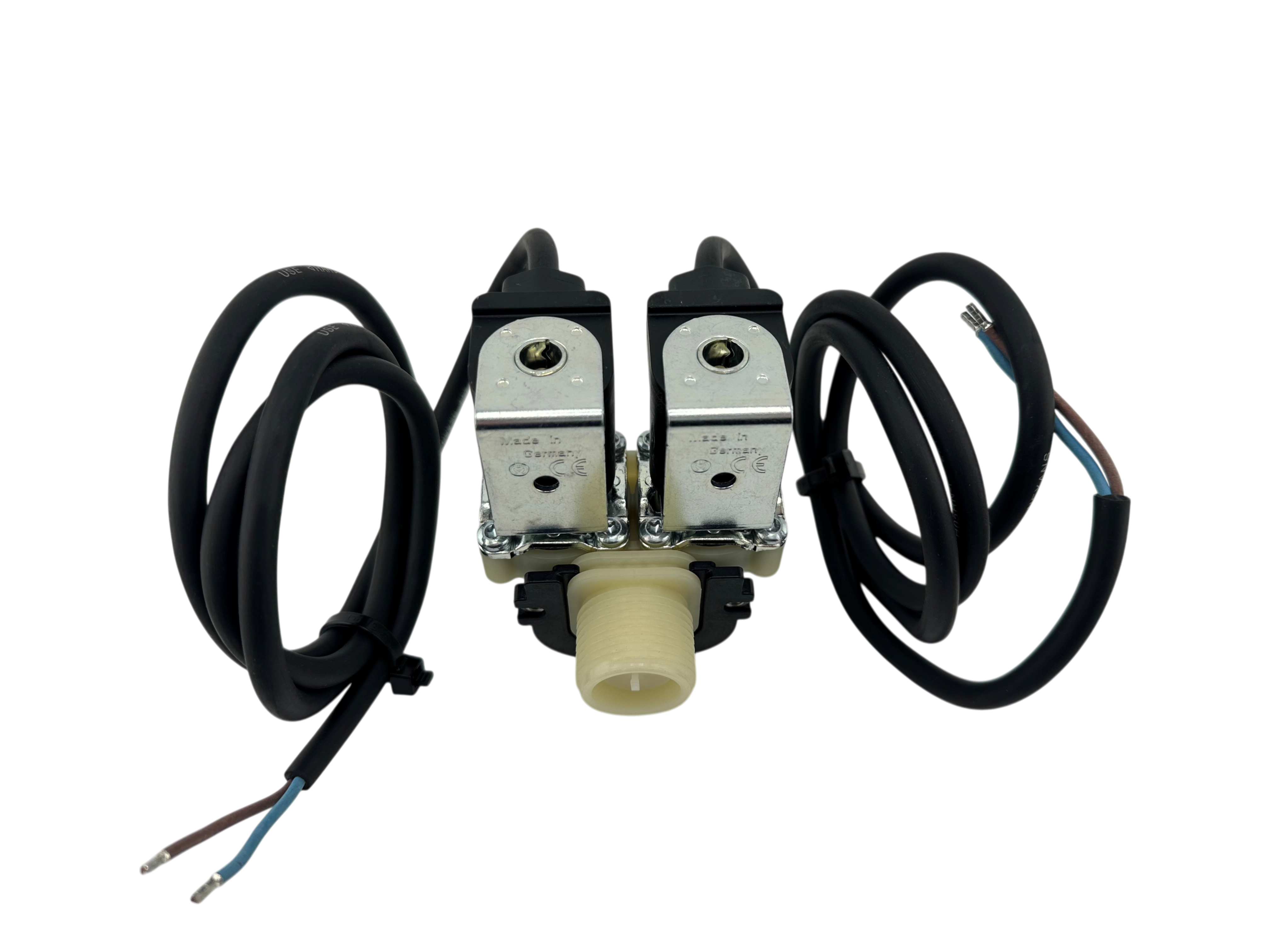 Zweifach Magnetventil, winklig(90°), 230V, ¾" Anschluss, Ø 13,5mm Stutzen, Spulen mit Kabel