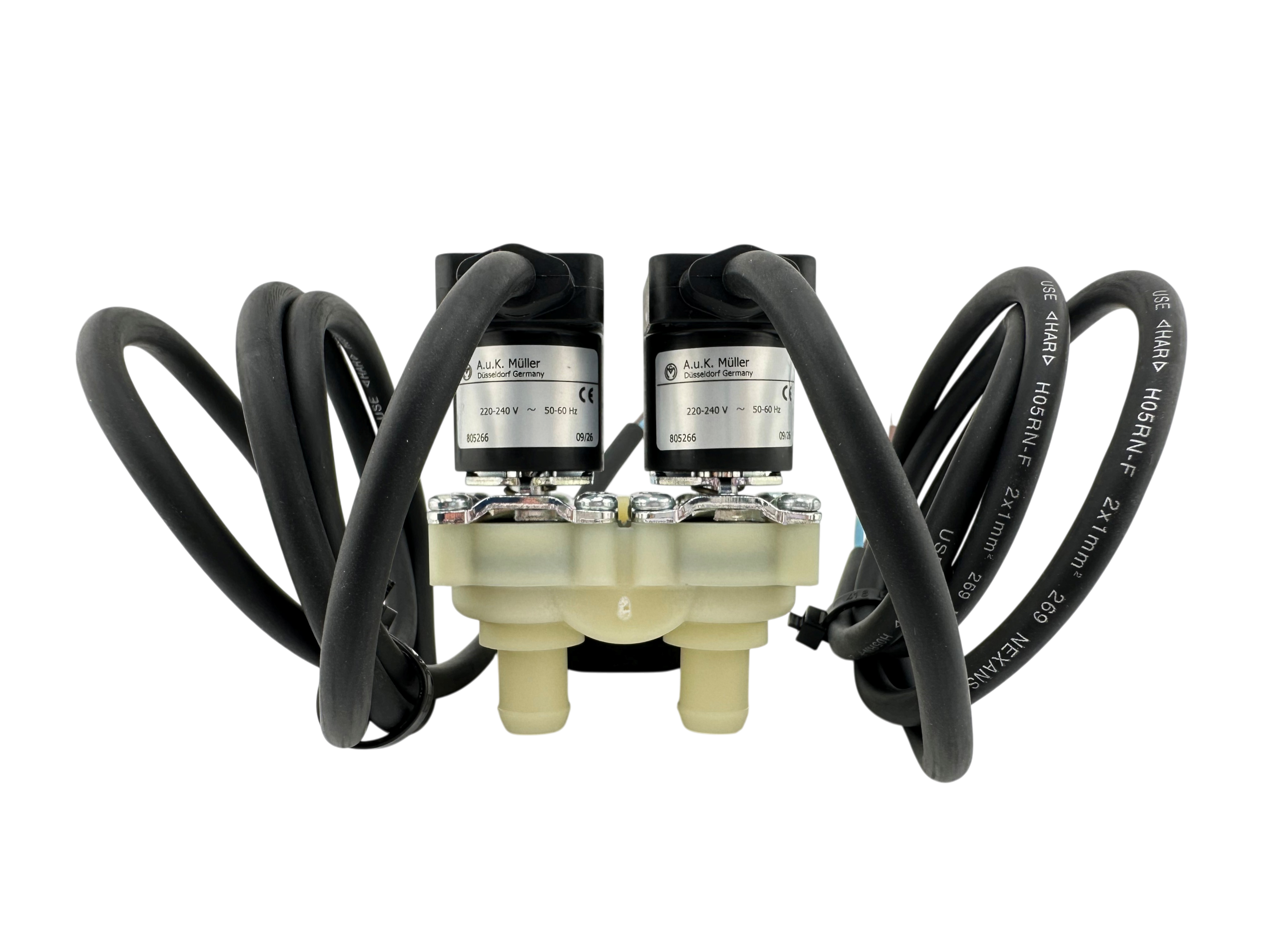 Zweifach Magnetventil, winklig(90°), 230V, ¾" Anschluss, Ø 13,5mm Stutzen, Spulen mit Kabel