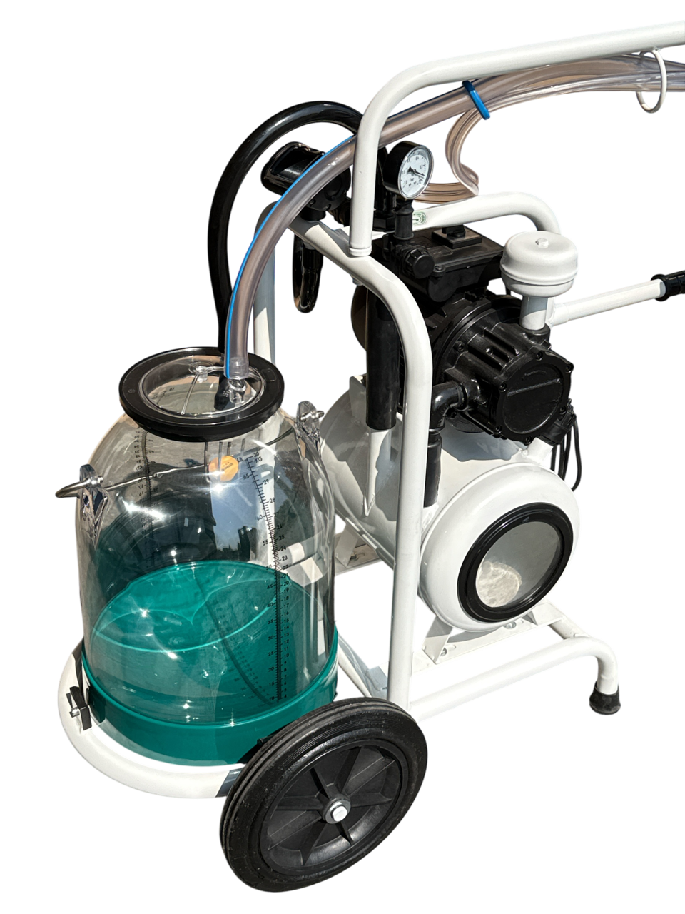 Minimilker mit Vakuumtank, 30 Liter Kunststoffeimer grün, kompl. mit 150cc Melkzeug