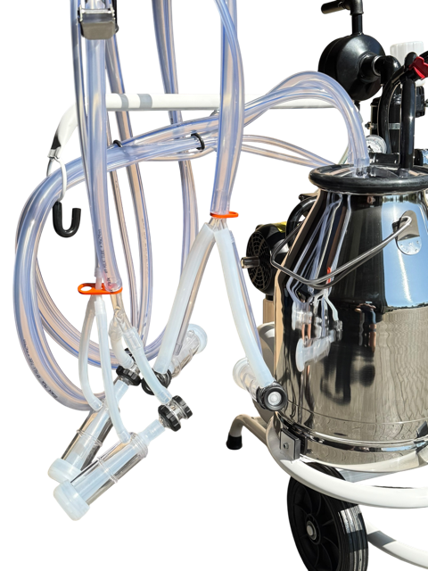 Doppelter Minimilker mit Vakuumtank,  geölter Vakuumpumpe ,kompl. mit 2 x 30 Liter Edelstahl Eimer und 4 x BM Ziege Classic