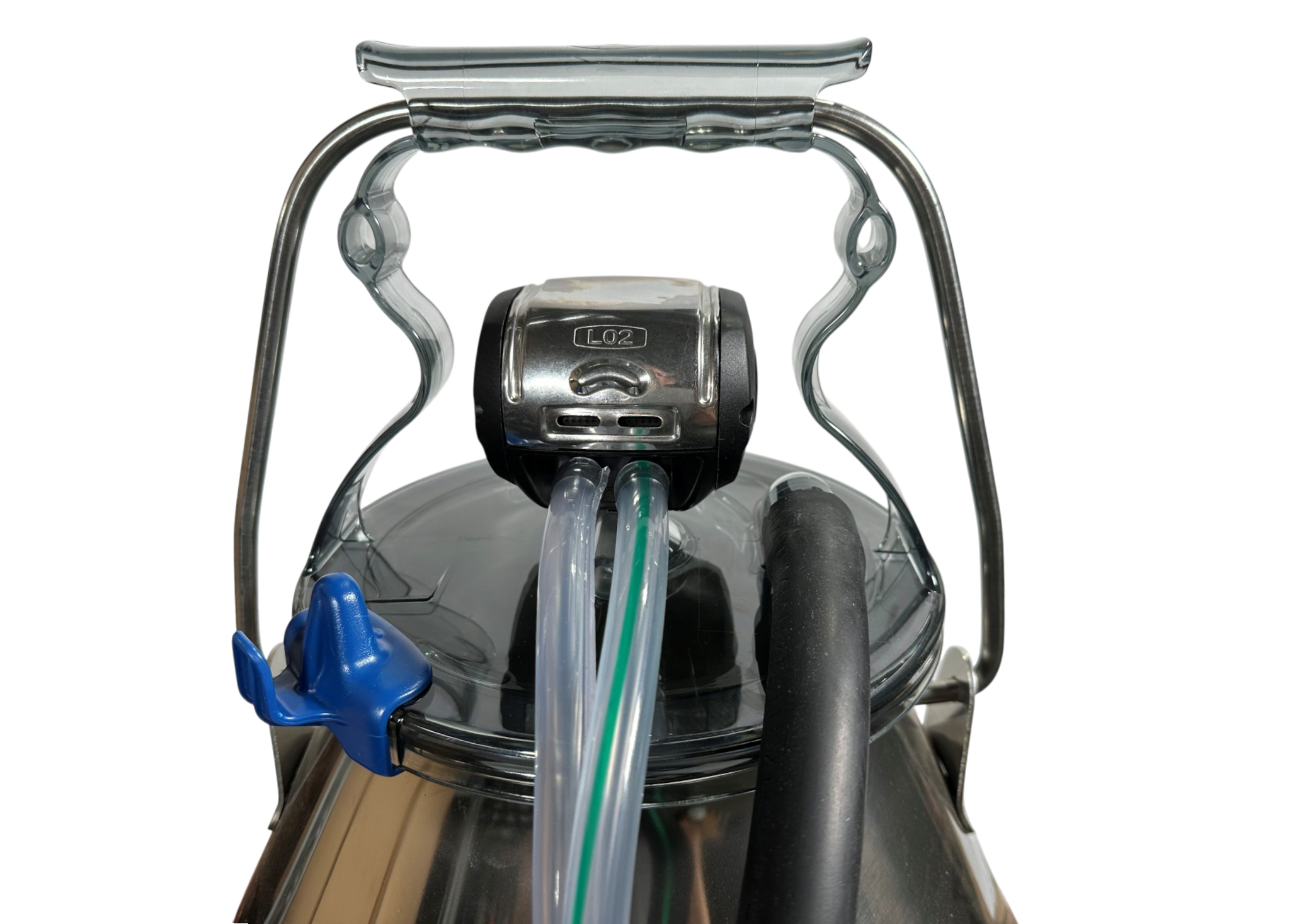 Eimermelkanlage komplett, mit 30 Liter Edelstahl Melkeimer, Libero Deckel, Classic 300 mit Absperrventil, ITP Pulsator L02 60/40, Zitzengummibecher und Monoblock Zitzengummis, Gummi-Milchschläuche und PVC-Doppel-Pulsschlauch passend für GEA Westfalia