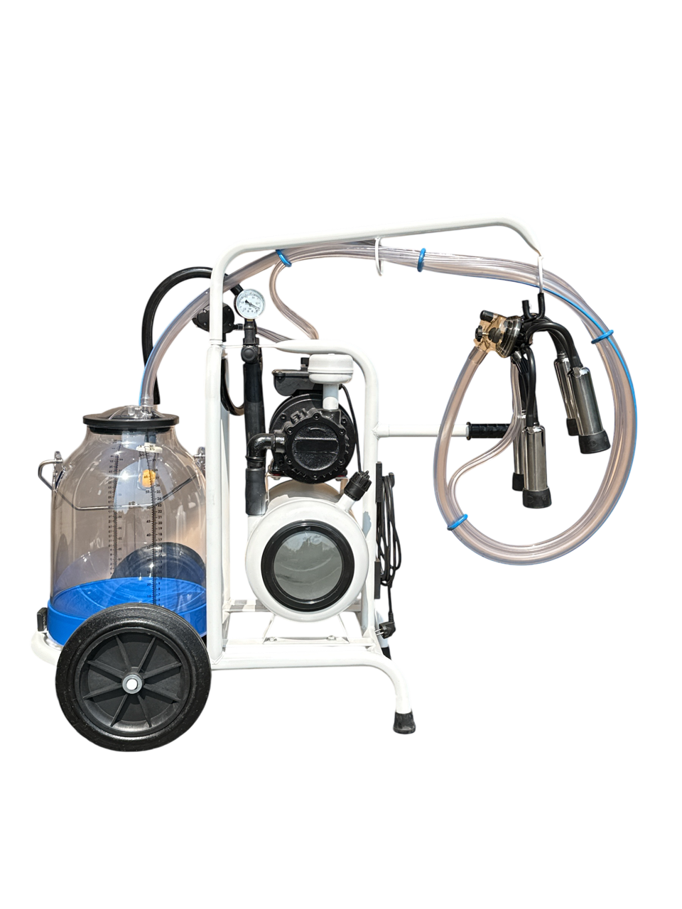 Minimilker mit Vakuumtank, 30 Liter Kunststoff Eimer blau, kpl. mit 150cc Melkzeug