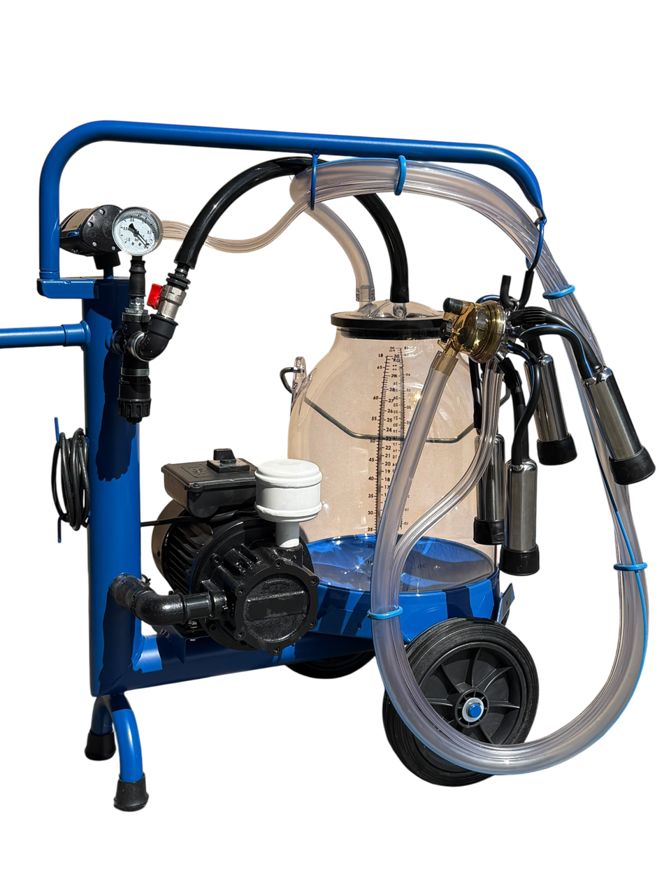 Minimilker ohne Vakuumtank, Blue Edition, passend für DeLaval und Fullwood, blaues Gestell mit blauen Kunststoff Eimer 