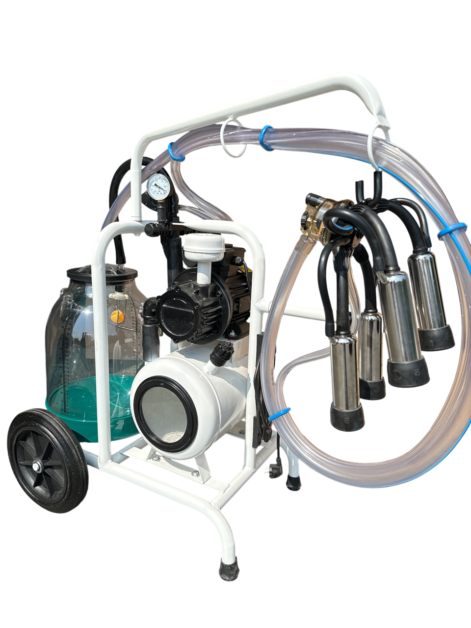 Minimilker mit Vakuumtank, 30 Liter Kunststoffeimer grün, kompl. mit 150cc Melkzeug