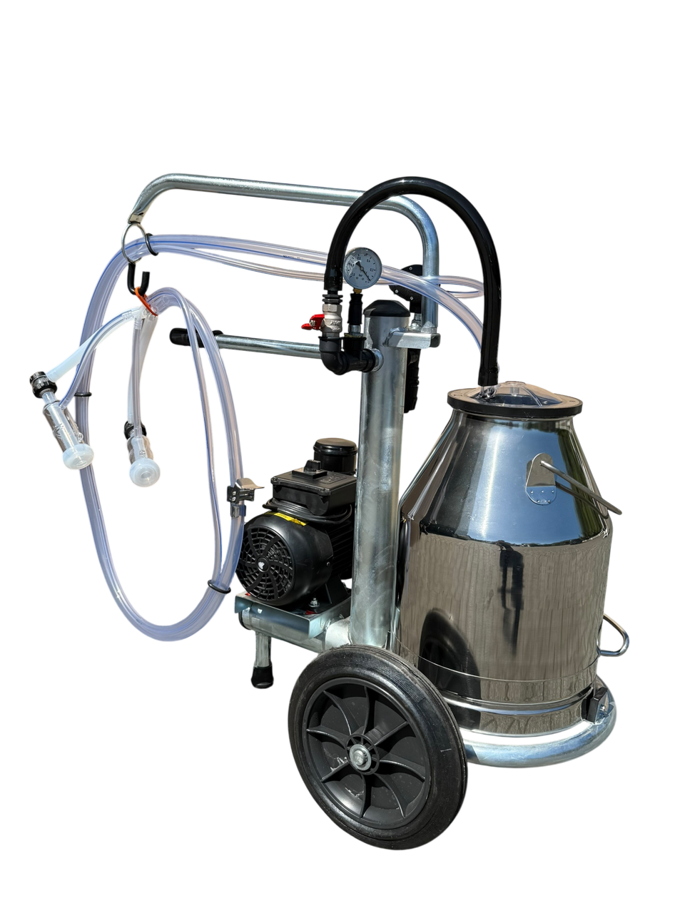 Minimilker Modell Black-Basic, 30 Liter Edelstahl Eimer mit Deckel, Vakuumpumpe 220 V, 200 L/min Schafmelkzeug Black Milk, Pulsator 50/50, komplett