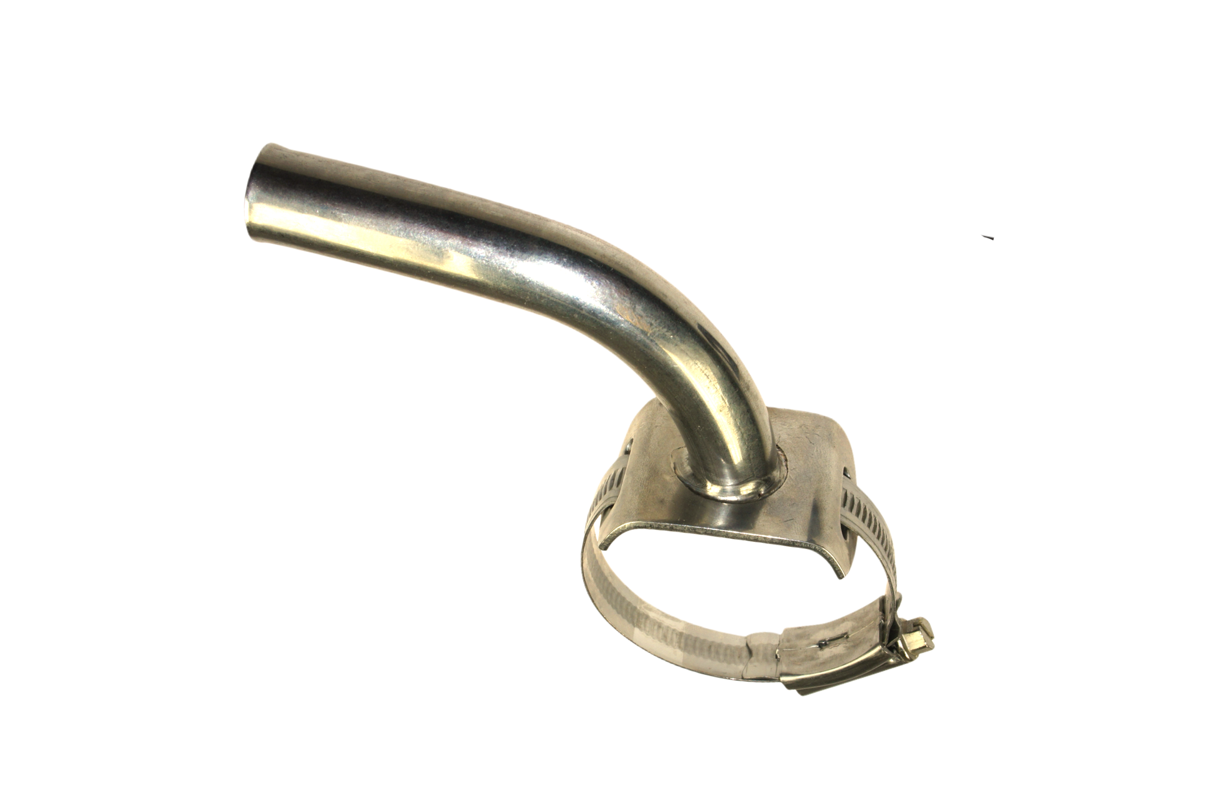 Milchanschluss, Edelstahl, 16/18 mm, 90° gebogen, mit Schlauchschelle (Edelstahl) inkl. Dichtung für Ø 63 bis 76 Milchleitung