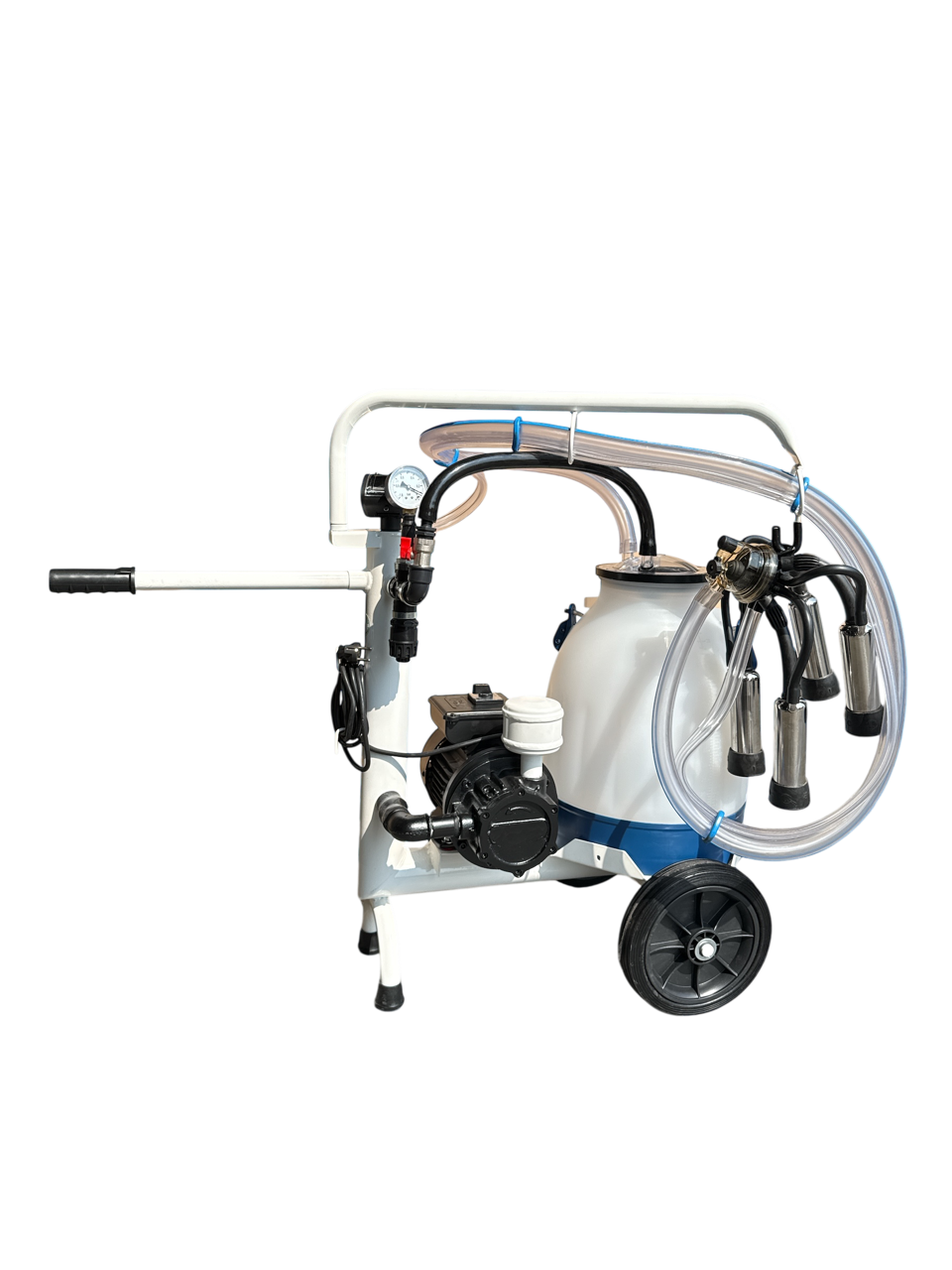 Minimilker für Kühe ohne Vakuumtank mit 230 V Vakuumpumpe 200 L/min, Black Milk Pulsator 60:40, Vakuumuhr, 30 Liter Edelstahl Eimer mit Deckel, mit kompl. HCC150 Melkzeug und PVC- Schläuchen