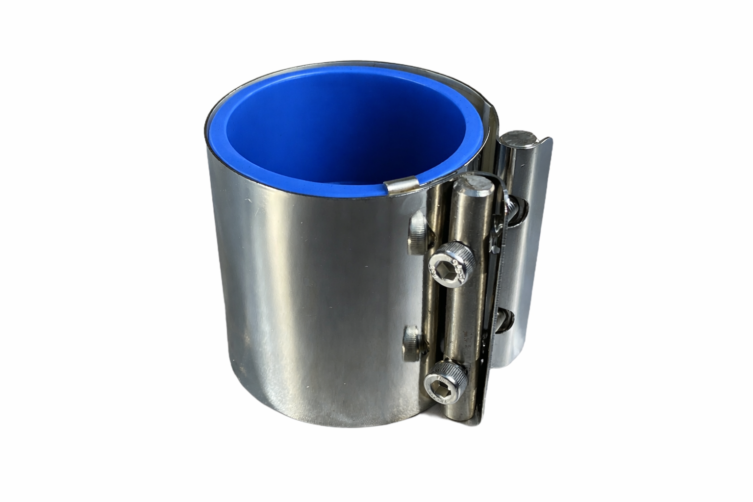 Klemmkupplung, Edelstahl, Länge 60mm inkl. blauer Silikon Muffe für Edelstahl Leitungen, passend für Ø 50-52mm Leitung