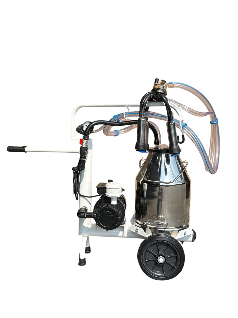 Minimilker für Kühe ohne Vakuumtank mit 230 V Vakuumpumpe 200 L/min, Black Milk Pulsator 60:40, Vakuumuhr, 30 Liter Edelstahl Eimer mit Deckel, mit kompl. HCC150 Melkzeug und PVC- Schläuchen