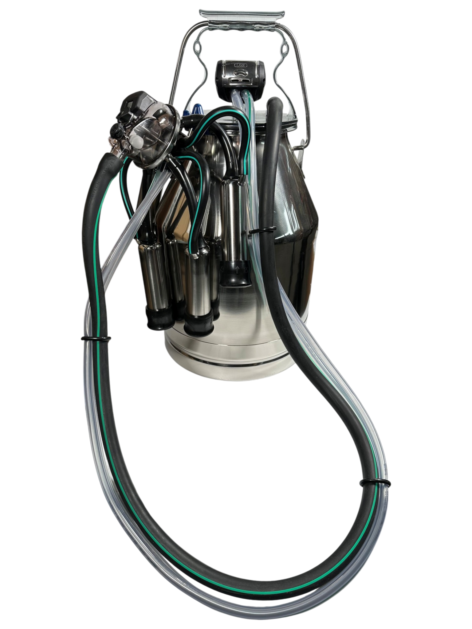 Eimermelkanlage komplett, mit 30 Liter Edelstahl Melkeimer, Libero Deckel, Classic 300 mit Absperrventil, ITP Pulsator L02 60/40, Zitzengummibecher und Monoblock Zitzengummis, Gummi-Milchschläuche und PVC-Doppel-Pulsschlauch passend für GEA Westfalia