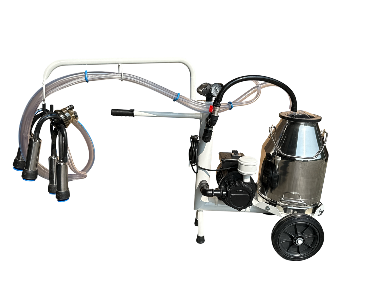 Minimilker für Kühe ohne Vakuumtank mit 230 V Vakuumpumpe 200 L/min, Black Milk Pulsator 60:40, Vakuumuhr, 30 Liter Edelstahl Eimer mit Deckel, mit kompl. HCC150 Melkzeug und PVC- Schläuchen