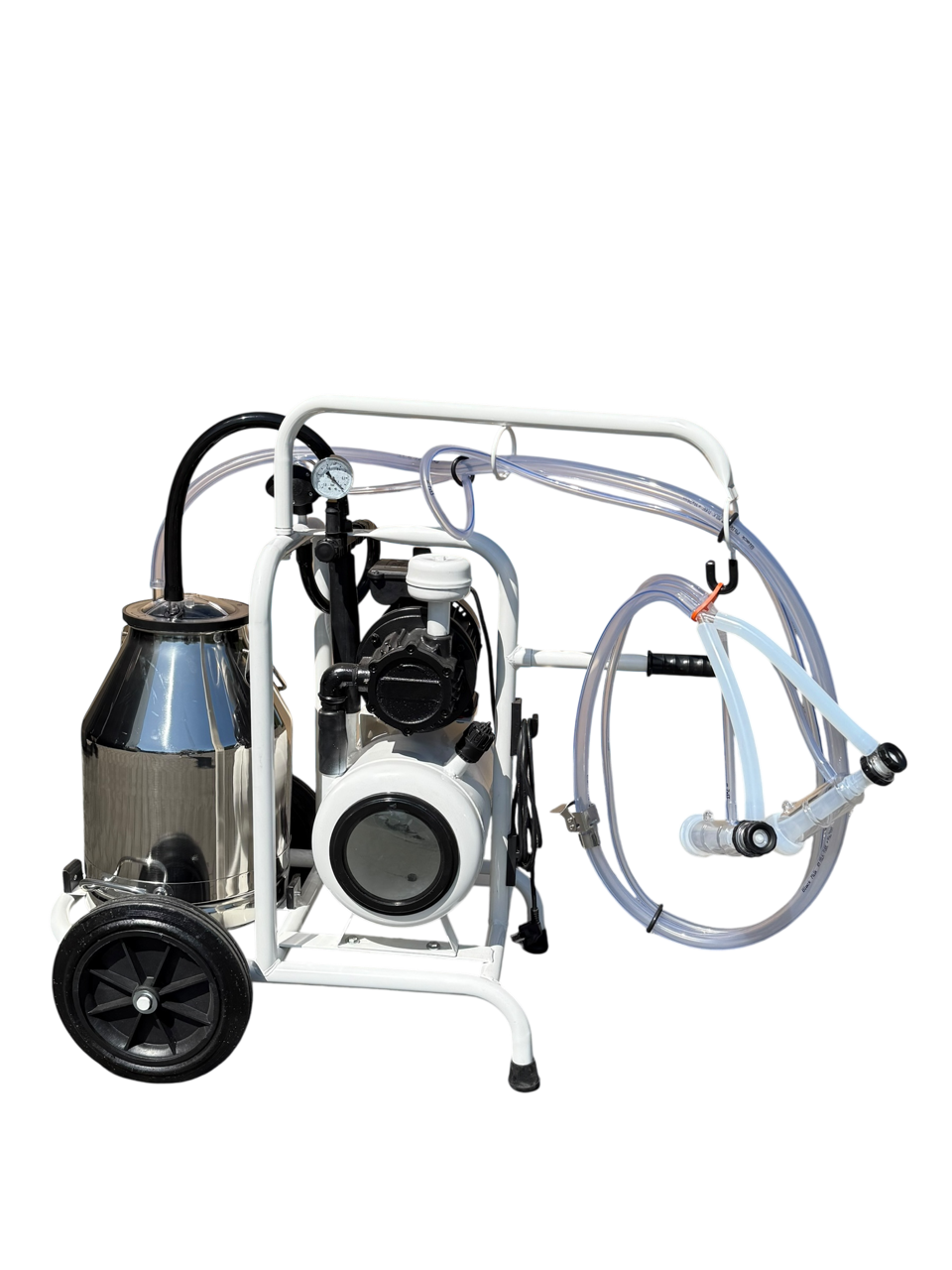 Minimilker für Schafe mit Vakuumtank und 230 V Vakuumpumpe 200 L/min, Black Milk Pulsator 50:50, Vakuumuhr, 30 Liter Edelstahl Eimer mit Deckel, PVC- Schläuchen und 1 x ITP Vanguard Melkzeug